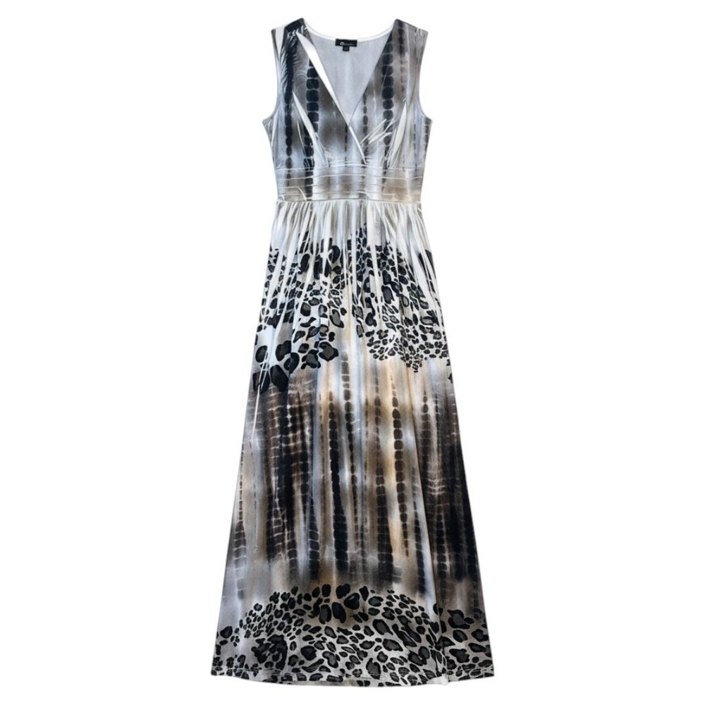 AB Studio Maxi Dress Gray Tie Dye Leopard V-Neck Sleeveless Empire Waist 6 Women